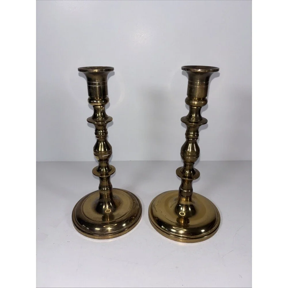 Antique Pair Brass Beehive Candlesticks Victorian Baluster 8”H Marked W